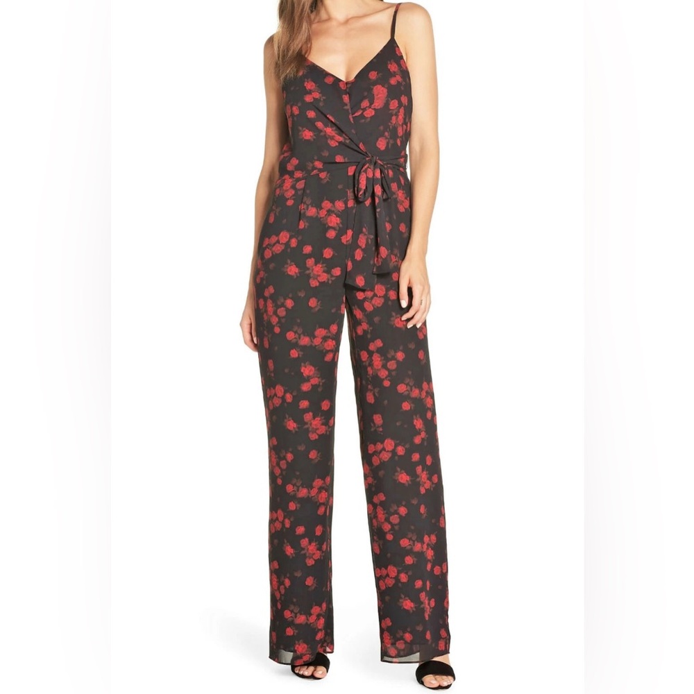 Michael Kors Black and Red Rose Floral Jumpsuit with Wrap Bodice Size XS